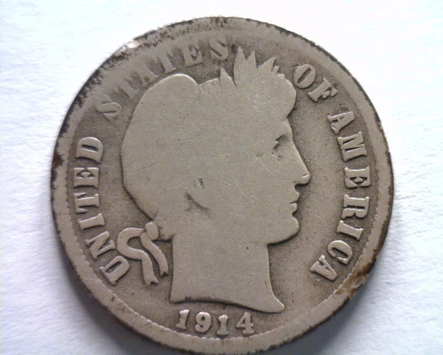 1914-D BARBER DIME ABOUT GOOD / GOOD AG/G NICE ORIGINAL COIN BOBS COINS 99c SHIP