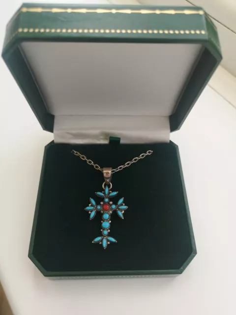 925 Silver Cross Pendant & Silver Chain Necklace with Turquoise & Coral stones.