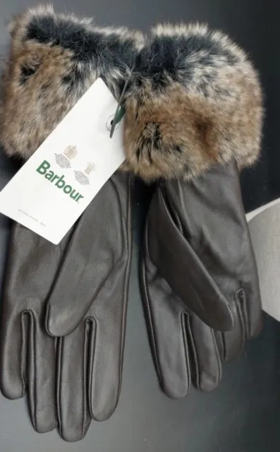 Barbour Fur Trimmed Ladies Leather Gloves Medium BNWT (C08)