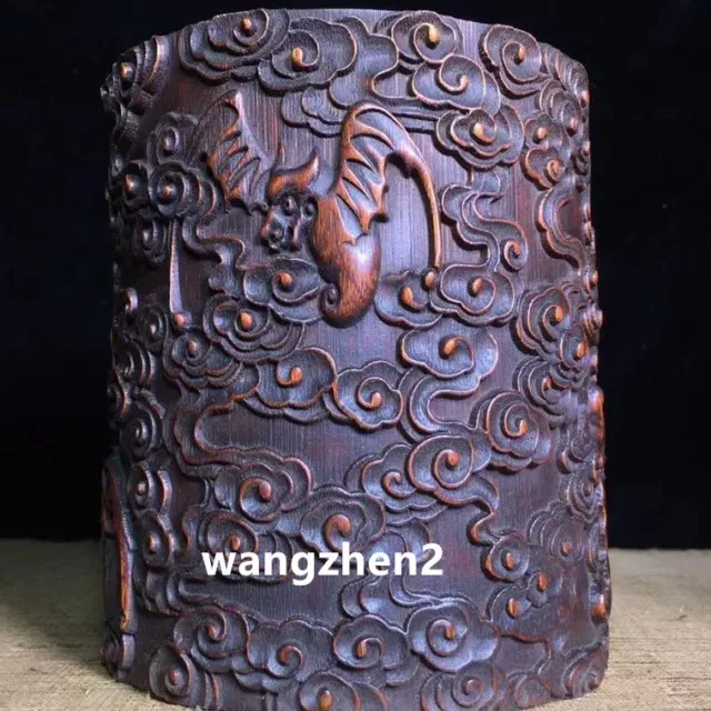 Chinese Wood brush pot Bamboo carving Pen holder Bat Pattern pen container 15cm 2