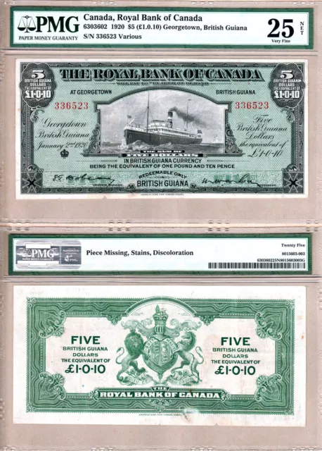 Rare Exotic Issue 1920 $5 Royal Bank British Guiana Steamship PMG VF25 NORESERVE