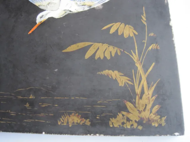 Antique Matt Black/Gilt Tile - Japanesque Crane - Sherwin & Cotton C1880 #1 2