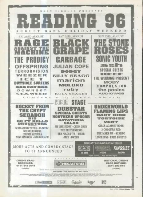 Anew21 Advert 14X11 Reading Rock 1996 Rage Against The Machine. Black Grape