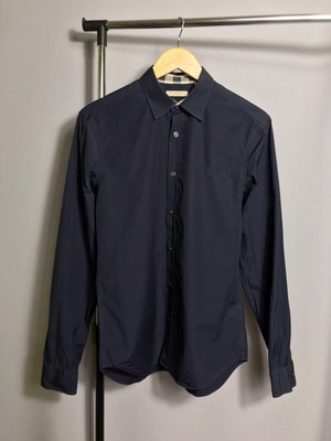 NWT BURBERRY BRIT Navy Blue Henry Trim Fit Cotton Logo Nova Check ...