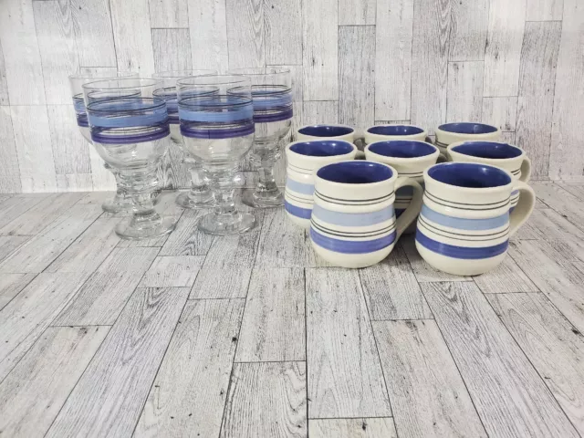 PFALTZGRAFF Rio Stoneware Coffee Mugs & Wine Glass Painted Blue Stripes 13 Set