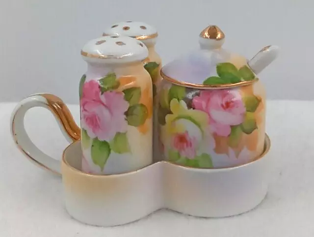 Nippon Salt & Pepper Shakers Jar Spoon Tray Condiment Set Japan Porcelain Vtg
