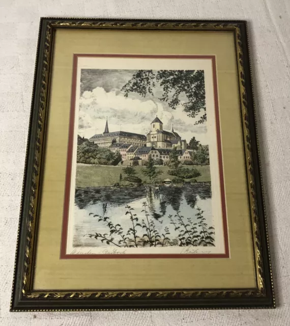 Antique Vintage German Colored Etching Print Saint Vitus Cathedral Signed Framed