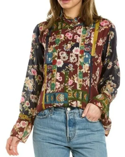 NWT Johnny Was Laurie Milan Silk floral boho Blouse Top Womens XS shirt