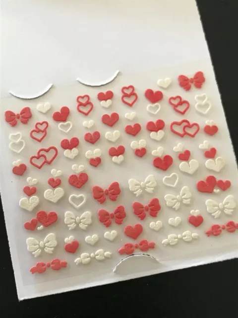 Valentines Day Nail Stickers 3D Decals Coral White Love Heart Bow Self-adhesive