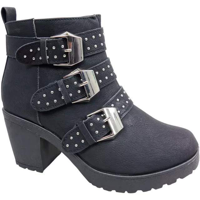 Womens Ladies High Heel Block Buckle Straps Studded Ankle Boots Shoes ZIP Biker