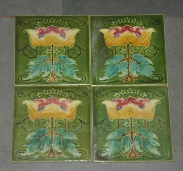 4 Pc Vintage Colorful Flower Embossed Decorative Art Ceramic Tiles , England