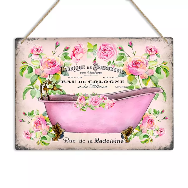 French Vintage Shabby Chic Bathtub Metal Sign Retro Style Bathroom Wall Plaque