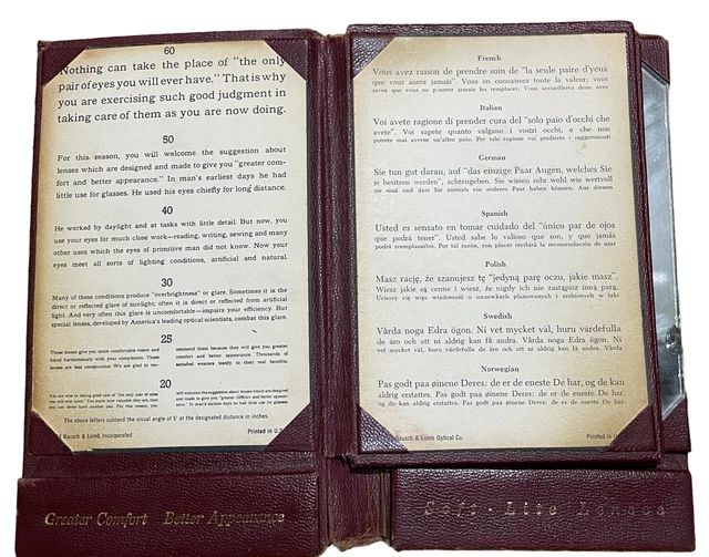 ANTIQUE BAUSCH & Lomb Optical Exam Eye Chart Book Mirror Cards Reading