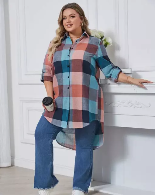 Plus Size Casual Blouse, Women's Plus Plaid Print Button Up Roll Up Long Sleeve