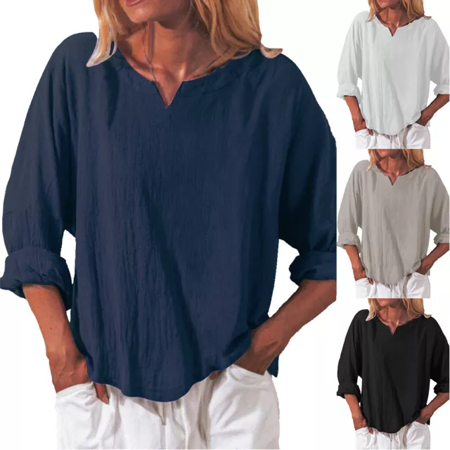Frauen Baumwolle Leinen Tunika Shirts Bluse Damen Lose Tops T-Shirt T-Shirt D