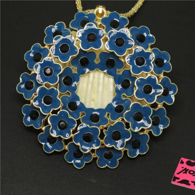 New Betsey Johnso Blue Enamel Bling Flower Spring Crystal Pendant Women Necklace