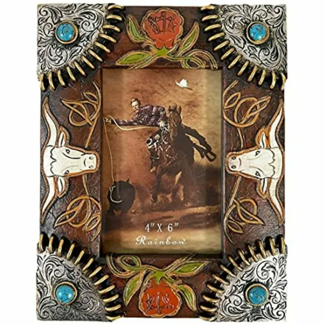 Urbalabs Cowboy Longhorn and Teal Stone Western Decor Picture Frame 4 x 6