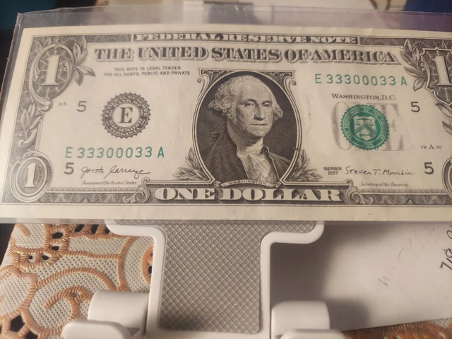 Series 2017 One Dollar Bill Low Digit ULTRA RARE #1 Low Serial Number NO CREASES
