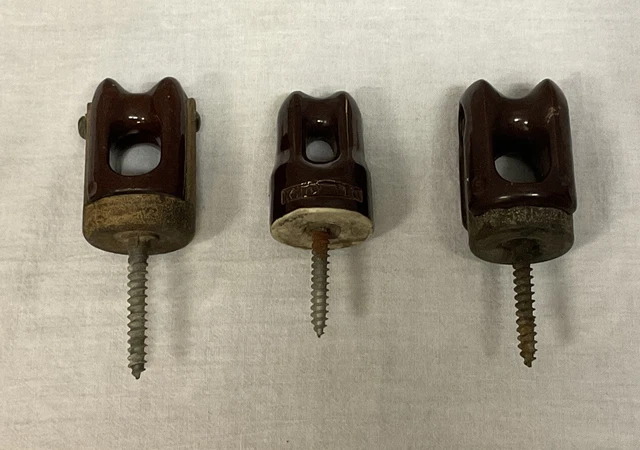 Lot of 3 Vintage Glazed Brown Ceramic Porcelain Power Line Insulator Screws