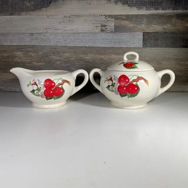 Vintage W.S. George Ceramic Creamer Pitcher Sugar Bowl Cherries Cherry Design