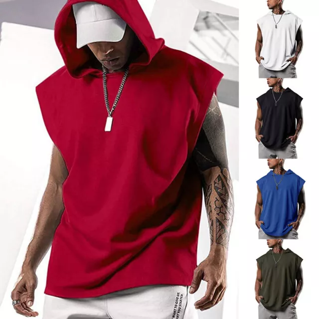Mens Workout Hoodie Sleeveless Vest Muscle Tank Tops Gym Fitness Bodybuilding *