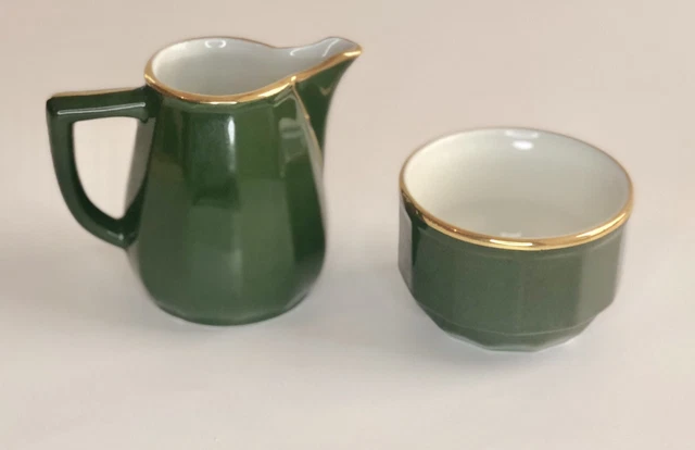 Apilco Bistroware Green & Gold Small 3 1/2" Creamer Milk Jug & 3 1/4” Sugar Bowl