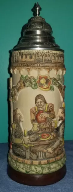 Lidded Beer  Stein by Mikolow "Hand Made" men drinking  w barmaid 12" tall