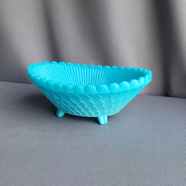 1960s Beautiful Bright Blue Milk Glass Footed Dish Scalloped Edge Soap French