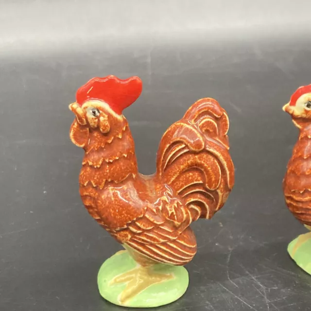 vintage, hand-painted, rooster and hen figurines 2" tallb chip on hen base 2