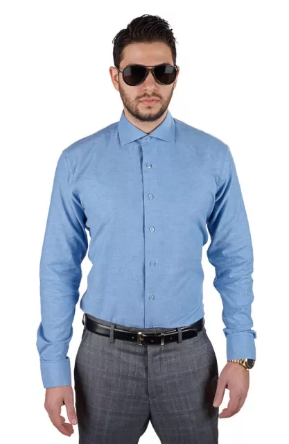 Tailored / Slim Fit Mens Blue Dress Shirt Wrinkle-Free Spread Collar AZAR MAN