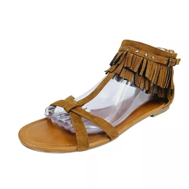 Indigo Rd Cross Fringe Sandals 8.5 Brown Ankle Cuff Zip Back Studs T Strap Boho