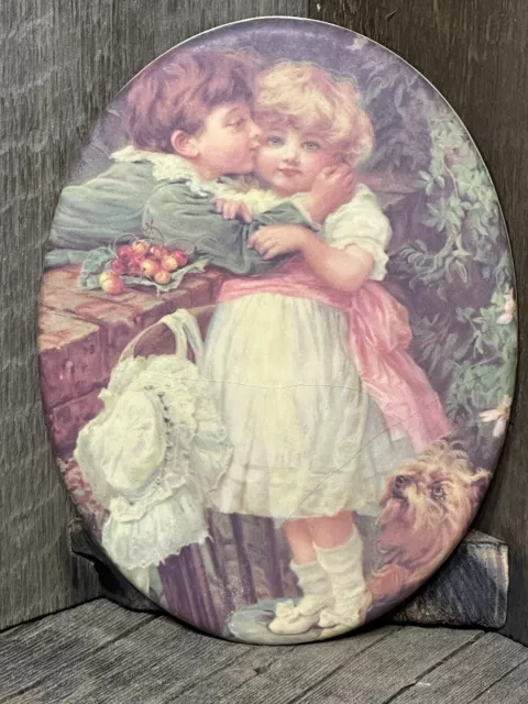 VTG Bee Kay Creations Oval Plaque Victorian Children Boy Giving Girl Kiss Dog