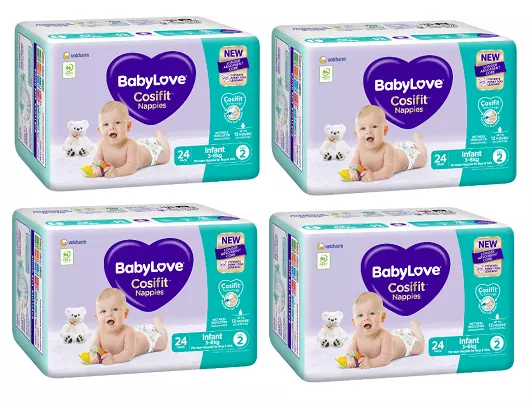 4 x BabyLove Cosifit Nappies Convenience Infant 3-8kg Size 2 24 Nappies