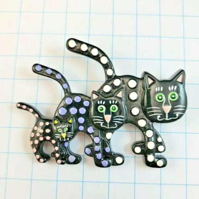 Vintage 90s Kelly Graham Brooch Pin Purrfect Pieces Black Cat Family Polka Dots