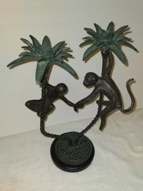 Gatco Solid Brass Monkeys Palm Tree Double Candlestick Holder Heavy 14 X 10”