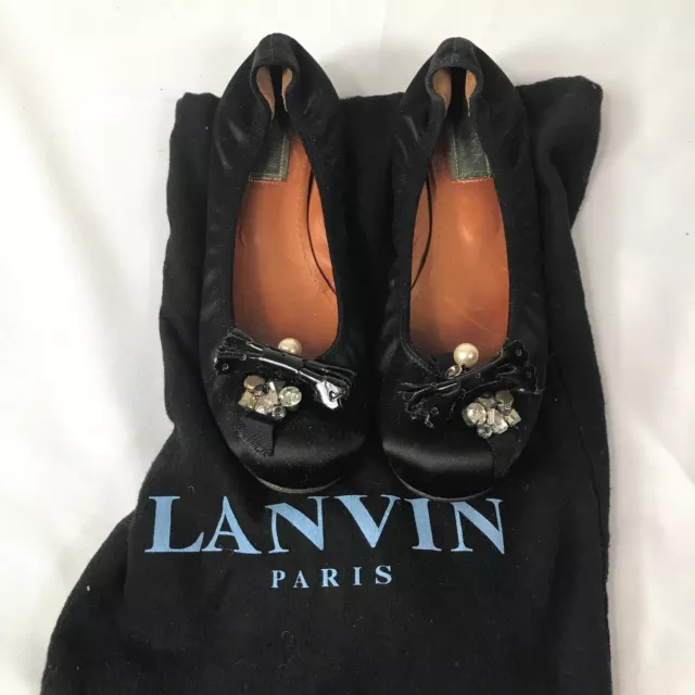 LANVIN Size 9.5 Black Jeweled Embellished Black Satin Ballerina Flats Shoes