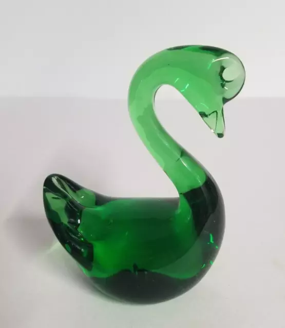 Swan Art Glass Emerald Green Figurine Paper Weight 3" Tall Pre-Owned