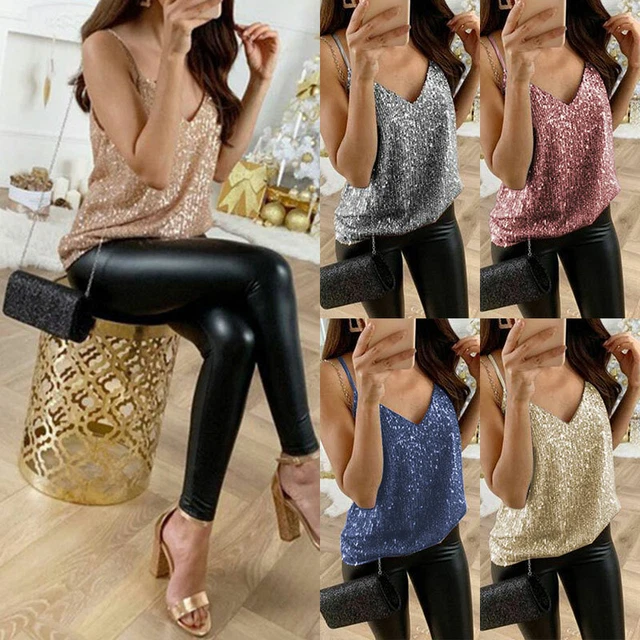 ❤️ Sexy Damen Glitzer Pailletten Riemchen Tank Top Freizeit Ärmellos Party T -