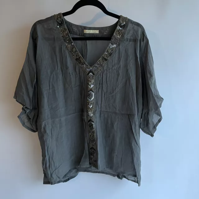 Love Sam embellished blouse top viscose cotton gray dolman boho sz sm womens euc