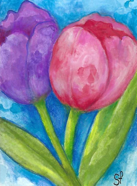 ACEO Original Mixed Media Tulip Painting by Sandra Frank