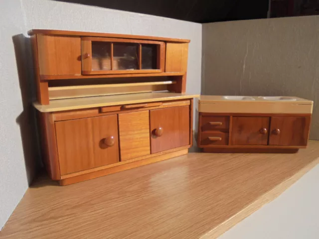 Küchenschrank + Spüle Küchenbuffet 1:10 Puppenstube Puppenhaus 50er Rülke DDR  2