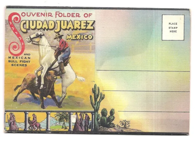 BULL FIGHTING Ciudad JUAREZ Chihuahua Mexico Postcard FOLDER 18 Views Linen