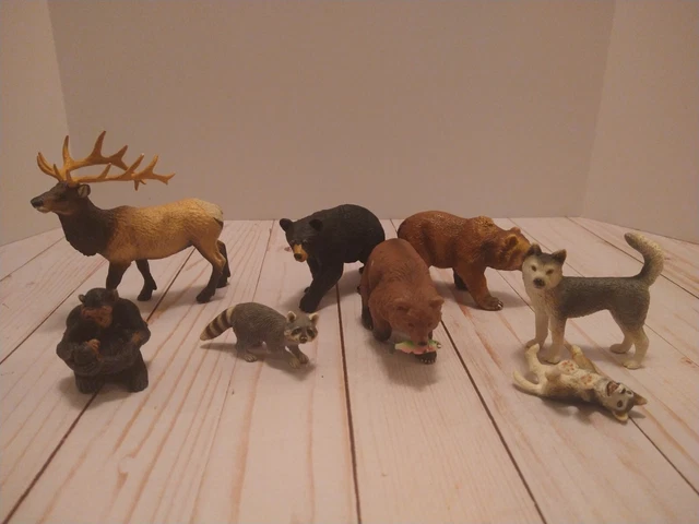Schleich Wildlife Animal Lot of 8 Rare Retired Husky  Bear Racoon Monkey Elk