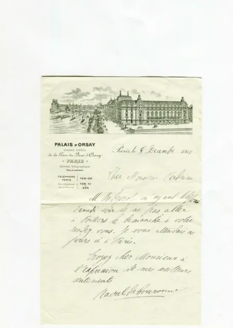 Paris VII ème de la Gare du Quai d'Orsay - Belle Entête d'un Grand Hôtel de 1910