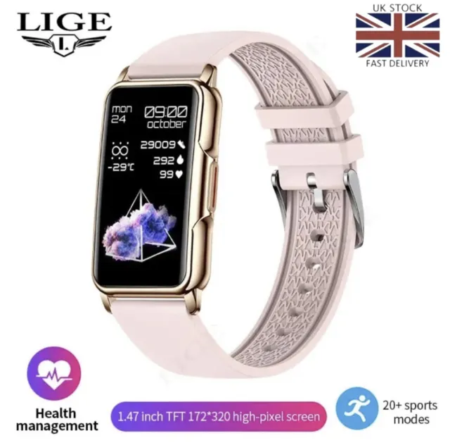 Bluetooth Smart Watch Women Calling Sport Fitness Tracker Pink Leather Strap