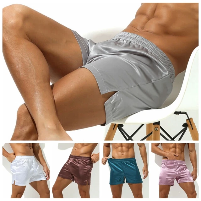 US MENS SATIN Side Split Boxer Shorts Silk Sleep Shorts Boxers Pajama