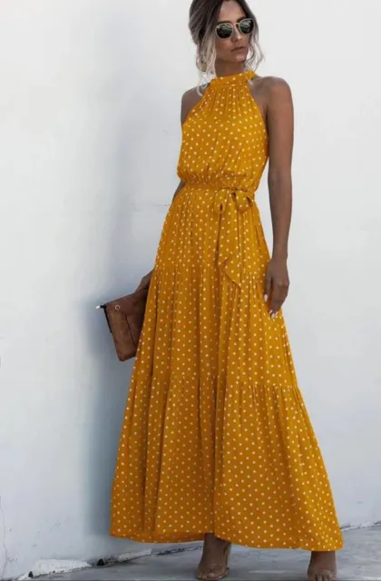 Woman’s SHEIN Mustard Yellow White Polka Dot Halter Ruffle Maxi Dress (4) Small