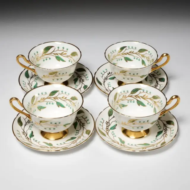 Shelley Laurel Green Gilt Vine Leaf Bone China Footed Tea Cups & Saucers 4pc B