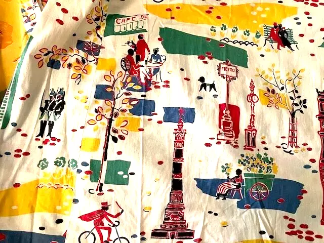 1950s Vintage Cotton Fabric Apron Bright Nostalgic Paris Scenes