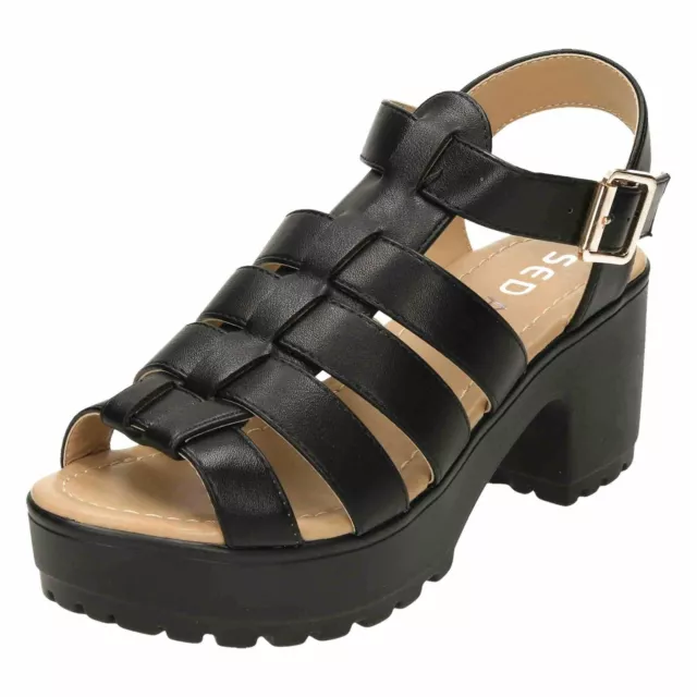 Ladies Platform Gladiator Sandals Chunky Mid Heel Shoes Black Slingback Open Toe